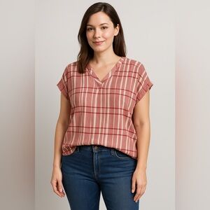 Liz Claiborne Plaid V-Neck Blouse Top Red Pink White Striped XL